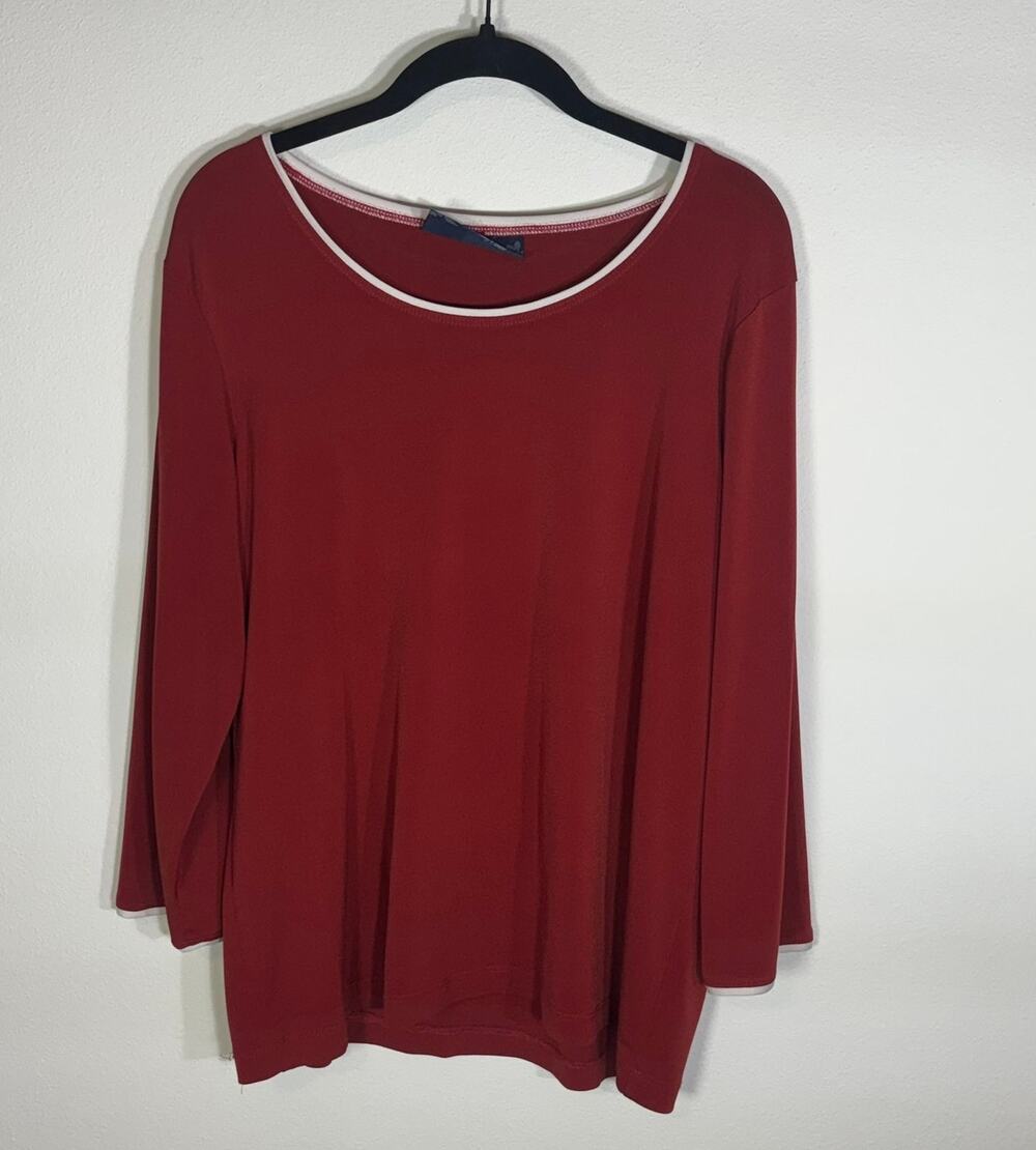 Susan Graver Style Red Scoop Neck Top White Trim 3/4 Sleeve Stretch Approx Sz XL